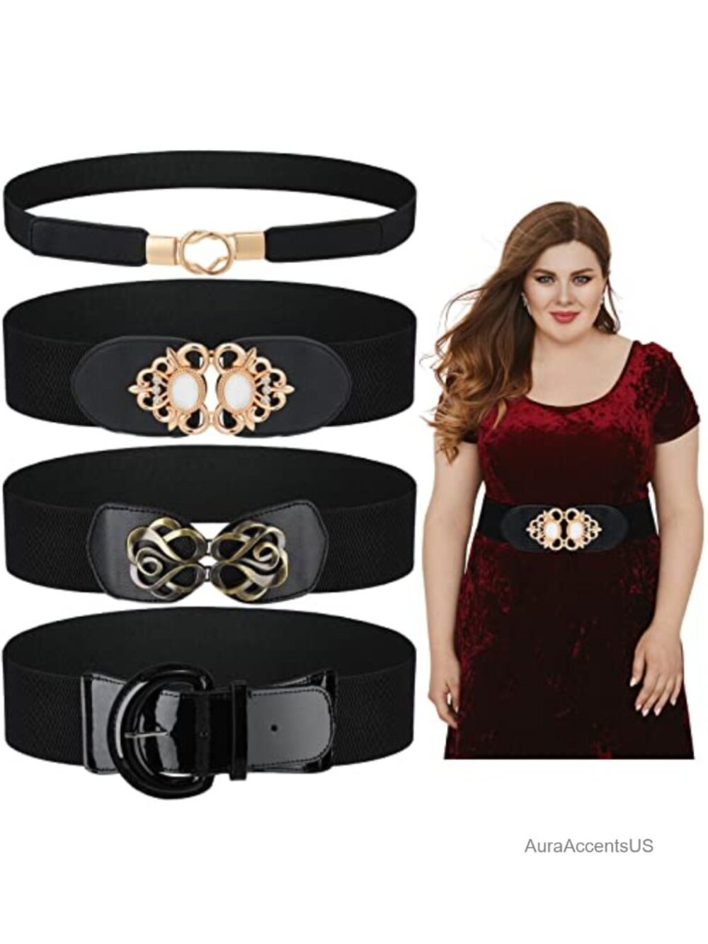 4 Stretchy Plus Size Waist Belts with Elastic Band Faux Leather Metal Buckle